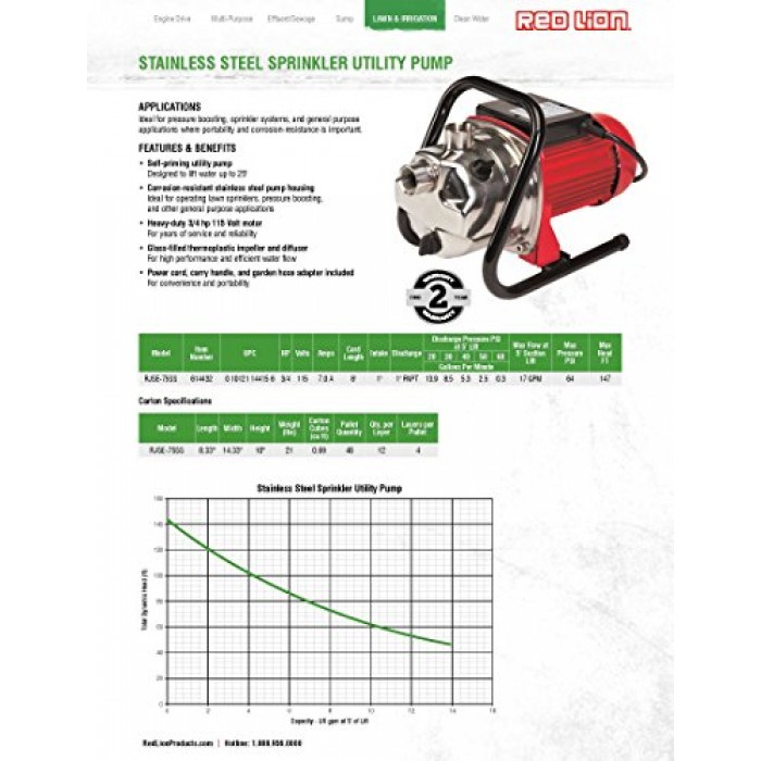 Red Lion RJSE-75SS 115V 3/4 HP Stainless Steel Sprinkler Utility Pump